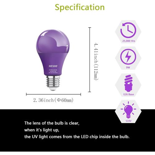 4 Pack A19 LED Black Light Bulbs,9W (100W Equivalent) E26 Base Dimmable Black Lights, UVA Level 385-400NM, Halloween Light Bulbs，Glow in The Dark，Fluorescent Poster, Body Paint,Neon Glow Party
