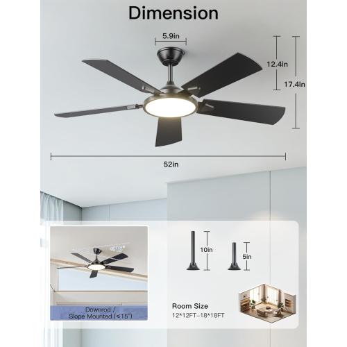 OJX Ceiling Fans with Lights, 52 inch Ceiling fan with Light and Remote/APP Control, 3CCT, Quiet DC Reversible, Dimmable, Modern Ceiling Fan for Bedroom, Living Room, Kitchen, Indoor/Outdoor Use