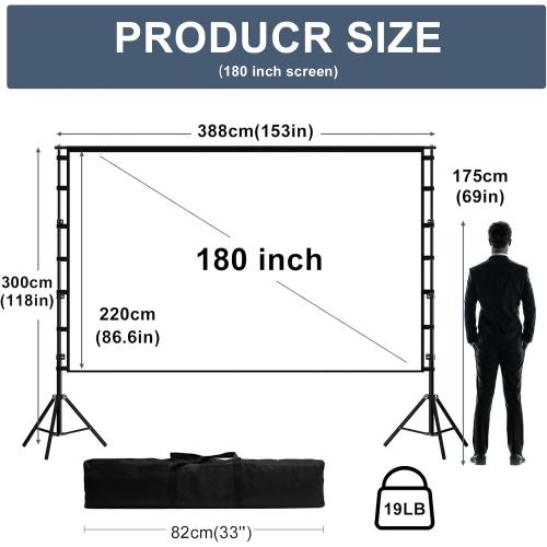 180 inch Projector Screen with Stand,HUANYINGBJB Outside Projection Screen, Portable 16:9 4K HD Rear Front Movie Screen with Carry Bag for Theater Backyard Movie Night,Cinema School, Churches,Parties