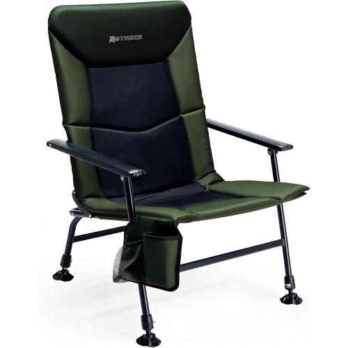 X Strike Oversized Folding Fishing Chair with Rod Holder Heavy Duty 350LBS, Feet Adjustable Padded Camping Chair with Cup Holder Side Pocket Hard Armrest