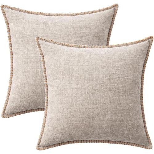 MIULEE Pack of 2 Couch Throw Pillow Covers 18x18 Inch Natural Beige Farmhouse Decorative Pillow Covers with Stitched Edge Soft Chenille Solid Dyed Pillow Covers for Sofa Bed Living Room