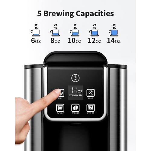 Hot & Iced Coffee Maker with Bold Setting, Single Serve Coffee Maker for K Cup and Grounds, 6-14 Oz Brew Sizes, 50 Oz Removable Water Tank, One Cup Coffee Machine with Reusable Filter, Black