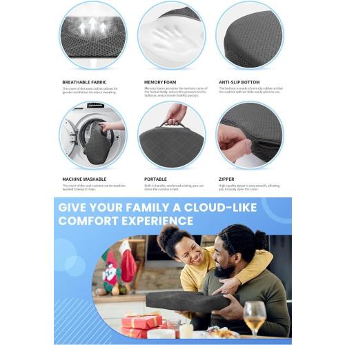 Memory Foam Seat Cushion, , Black, Non-Slip Bottom, for Office Chair, Car Seat, Wheelchair