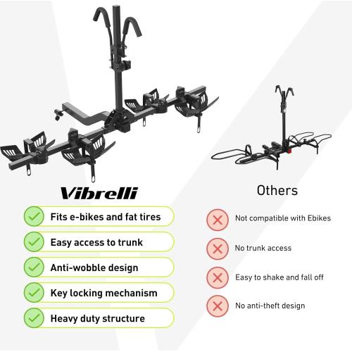 Black Vibrelli Hitch Bike Rack - 2 Ebike Rack - Fits Fat Tire, Mountain Bike, Electric Bikes, Road - 65lbs per Bike - Patented Anti-Wobble - Cars & SUV - Tilting Folding Platform Car Racks, 2-Inch Receiver