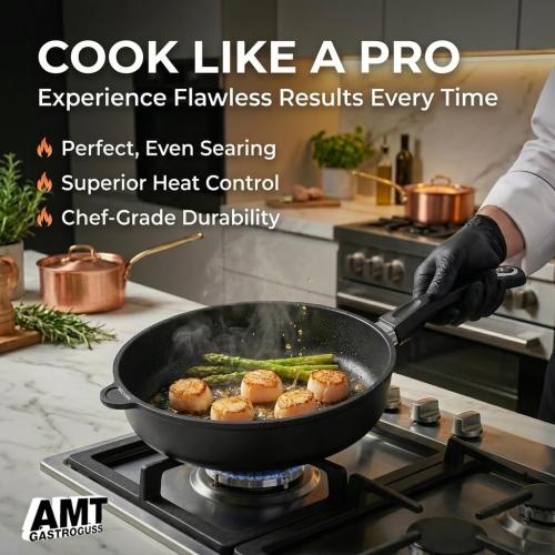 AMT Gastroguss The World’s [.] Casserole Frying Pan, 9.5 inch, 2.8 inch deep, Die-Cast Aluminum Skillet, Non-Induction Stovetop, Lotan® Non-Stick Coating, Deep Skillet, Chef Pan, AMZN-724-US