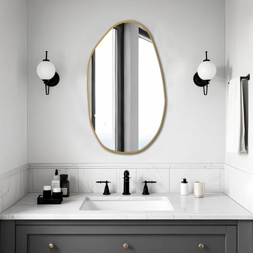 BOMINICA Irregular Wall Mirror Asymmetrical Mirror, Decorative Wall Mirror Golden Wood Framed, Wall Mounted Mirror for Bathroom Living Room Entryway Bedroom Hallway (Gold, 19.5 x 33.5)