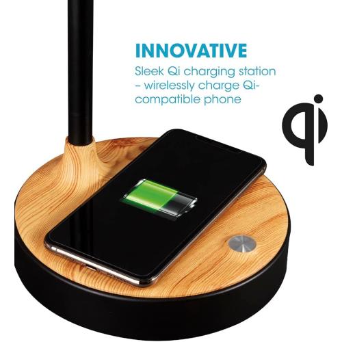 OttLite Wellness Series Wireless Charging LED Table Lamp, LED Desk Lamp and Book Light, Reading Light, Great Desk Lights for Home Office, Black with Woodgrain Accents