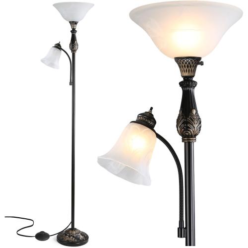 Torchiere Floor Lamps for Living Room & Bedroom, 71 Vintage Victorian Floor lamp with Reading Light, Tall Corner Standing Farmhouse Lamp for with Glass Shade Home Office Decor, Black