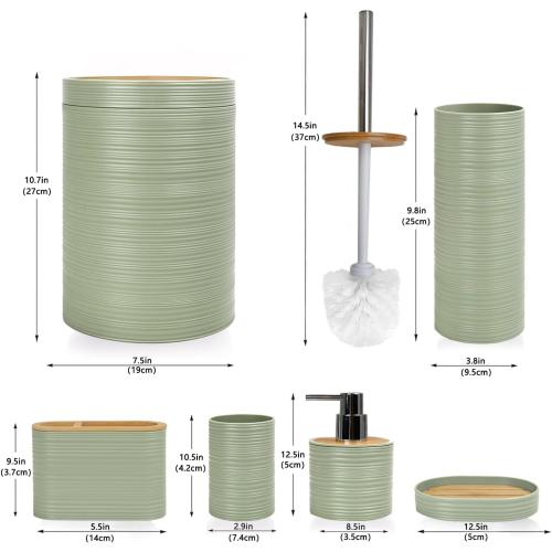 CERBIOR Bathroom Accessories Set 6 Piece Bamboo Bath Ensemble Includes Soap Dispenser, Toothbrush Holder, Toothbrush Cup, Soap Dish for Decorative Countertop and Housewarming Gift, Sriral Green