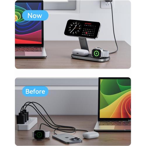 3-in-1 Charging Station for Apple Device, Qi2 25W Magnetic Wireless Foldable Fast Charger Stand Compatible with MagSafe for iPhone Air/17/16/15/14/13/12 Series, Apple Watch & AirPods