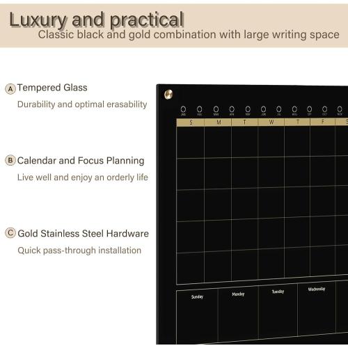 Size Large Color Black Glass 3-1 Monthly Dry Erase Calendar Whiteboard for Wall Frameless Mounting,Office/School/Home, Frameless Large Planner White Board