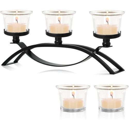 3-Arm Metal Tea Light Candle Holder Set with 5 Glass Cups, Votive Candle Holders Centerpiece Candelabra for Wedding Table Decor, Home Gatherings and Holidays (Black, 5 Cups)