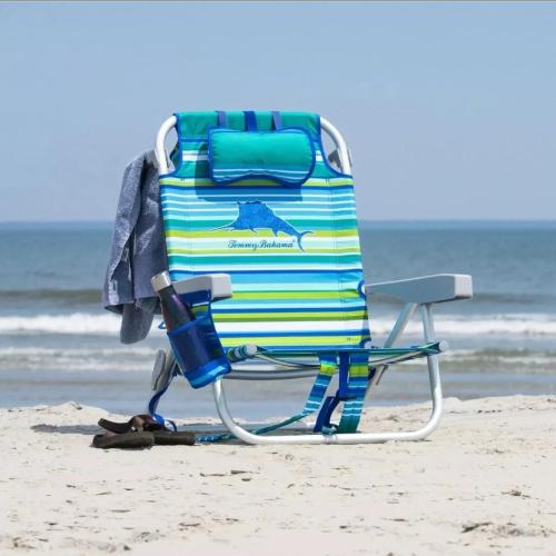 Tommy Bahama 5 Position Beach Chair, Towel Bar, Pillow for Extra Comfort, Heavy-Duty Weight Capacity,Safety Locking Hinges on Rear Legs, 2-Pack (Aqua Stripes)