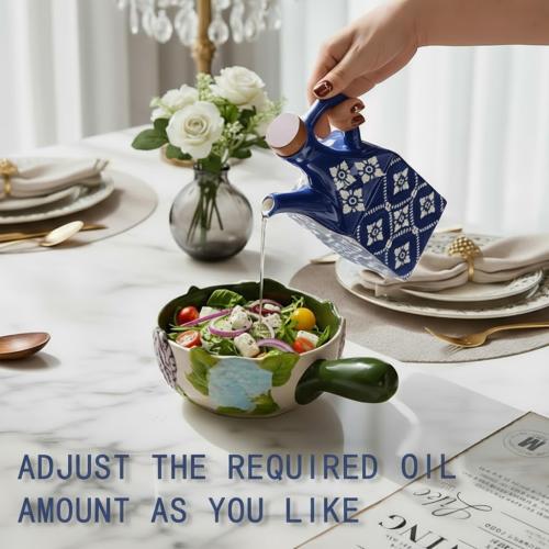 Blue Ceramic Olive Oil Dispenser Bottle for Kitchen, 8.5 oz Cruet for Avocado Oil with Handle & Wooden Stopper, Small Decorative Oil and Vinegar Dispenser Set, Oil Container Cruet for Olive