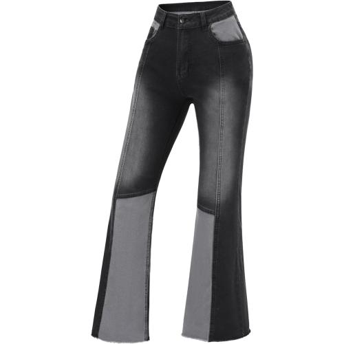 THUNDER STAR Women Large Patchwork Flare Jeans Stretch High Waisted Bell Bottom Raw Hem Denim Pants