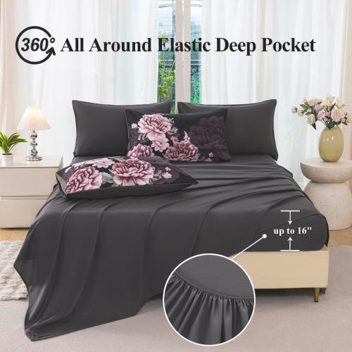 Black-Gray Floral Comforter Set Queen Size 7 Pieces Peony Bed in A Bag Ornate Elegant Botanical Flower Bedding Set for Women Home Decor(Black-Gray, Queen)