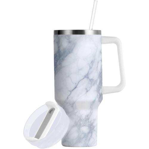 xigua 40 oz White Marble Tumbler with Handle and Straw Lid, Stainless Steel Vacuum Insulated Sports Water Bottle, Keeps Cold or Hot Coffee Cup Travel Mug