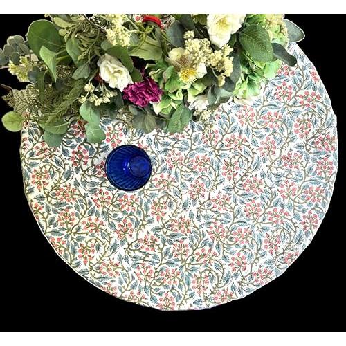 ATOSII Cotton Blockprint Round Tablecloth, Kalina, 90 Inches