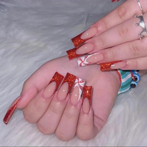 24 Pcs Christmas Press on Nails Long Fake Nails Coffin False Nails with Candy Design Glitter French Tip Nails Press ons Acrylic Artificial Nail Winter Xmas Glue on Nail for Women Girls