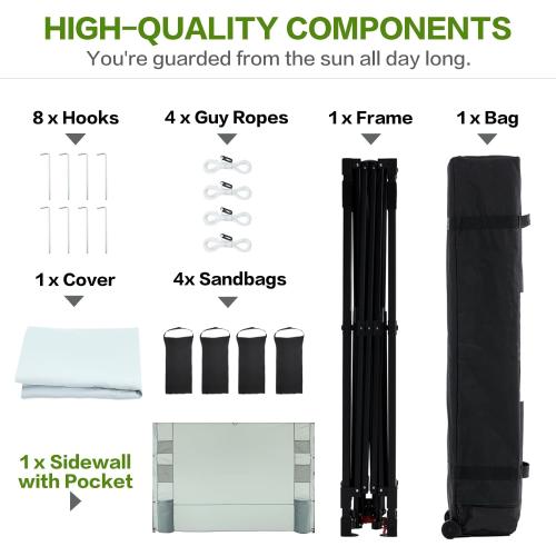 10'x10' Pop Up Canopy Tent with 1 Sidewall and 6 Pockets, One Push Setup, Instant Shade Tent with Vented Roof for Beach Patio Outdoor, Case, 8 Stakes, 4 Ropes, 4 Sandbags (White)