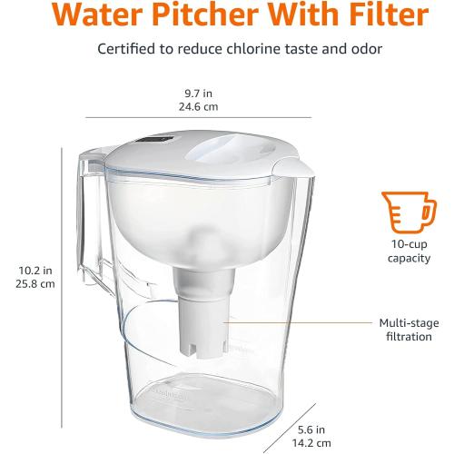 Amazon Basics 10-Cup Pitcher with Filter, Compatible with Brita Water Filter Pitcher for Clean, Crisp Water, WQA and NSF Certified, Made in Europe