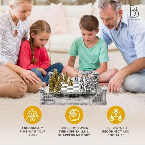 BB Brother Brother Ancient Roman Gladiators 3D Chess Board Game Set, Glass Board, Handmade Gold and Silver Polyresin Chess Pieces for 2 Players