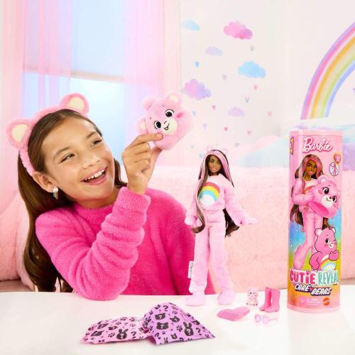 Barbie Cutie Reveal Care Bears Series Doll & Accessories Set with Cheer Bear Plush Costume & 10 Surprises Including Color Change & Mini Bear