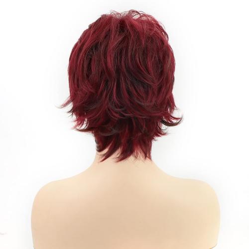 RENERSHOW Short Red Pixie Cut Wavy Wigs for White Women with Bangs Burgundy Highlight Synthetic Wig 6 Inch