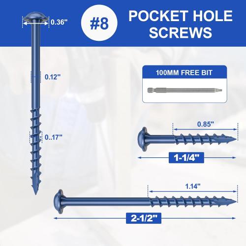 #8 Pocket Hole Screws 2-1/2 Inch, 320Pcs Coarse Thread Wood Screws, Square Drive, Washer Head, 4-Layer Coating, Drive Bit Included (Blue)