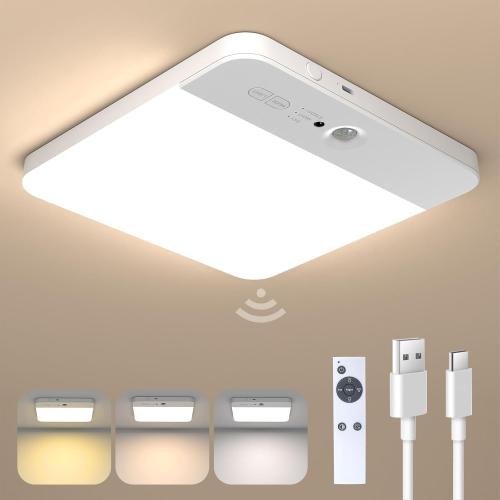 Rechargeable Motion Sensor LED Ceiling Light with Remote, Wireless Battery Operated Closet Light, 400LM Dimmable 3 Color Temperatures, Motion Activated Light for Stair Hallway Garage Pantry