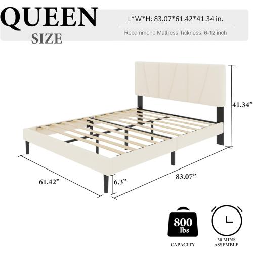 Queen Size Bed Frame with Fabric Upholstered Headboard, Platform Bed with Wooden Slats Support, Fully Mattress Foundation, Box Spring Optional, Easy Assembly