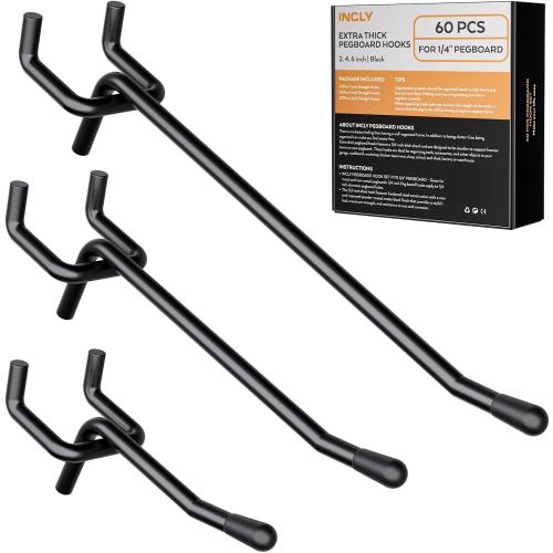 INCLY 60 Pack 2/4/6 Inch Black Pegboard Hooks, 1/4 Heavy Duty Peg Board Shelving Hooks Accessories, Peg Board Tool Hangers Fit for 1/4 Pegboard Hanging Tools Garage, Craft Organizing, Kitchen, Store