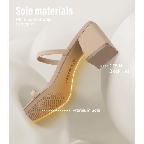 Size 8....Leevar Square Toe Heeled Sandals for Women - Women's Low Block Heels Sandals - 2.25IN Open Toe Ankle Strap Chunky Heels - Slip on Heeled Sandal Mule- Nude Black Strappy Heels for Party Wedding Dress Shoes
