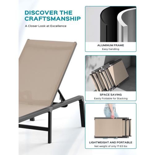 Aluminum Chaise Lounge Ourdoor - Foldable & Assemble Free Outdoor Lounge Chair with 5 Adjustable Backrest, Patio Lounge Chair for Outside Poolside Beach Pool, Khaki
