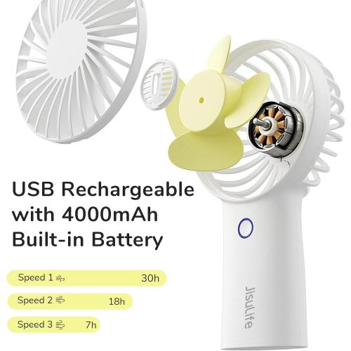 JISULIFE Handheld Fan [20H Max Cooling Time] 4000mAh USB Rechargeable, Battery Operated Portable Fan with 3 Speeds for Travel/Makeup/Office-White