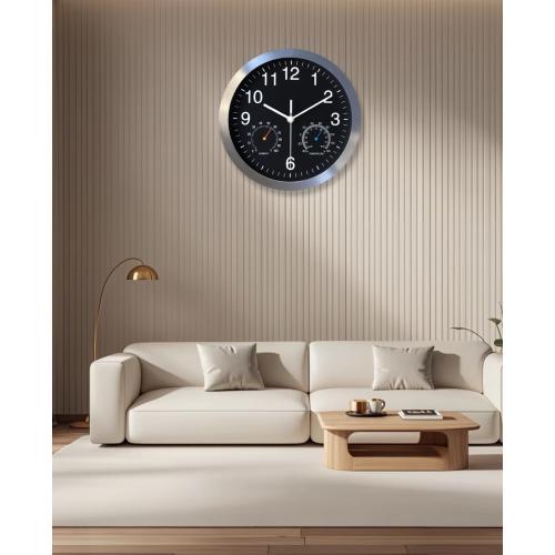 Non Ticking Silent Wall Clock, 10 Inch, Black, Quartz Analog, Battery Operated, with Thermometer and Hygrometer, Easy Installation