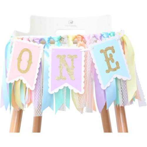 Rainbow High Chair Banner for 1st Birthday - Baby Girl Smash Cake for Photo Props, First Birthday Photo Background, Macarons Color(Rainbow High Chair Banner)