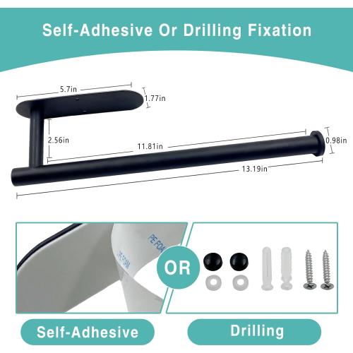 Paper Towel Holder, Self Adhesive or Drilling Paper Towel Holder Under Cabinet, Stainless Steel Black Paper Towel Holders Wall Mount for Kitchen, Bathroom, Sink, Pantry, Fridge