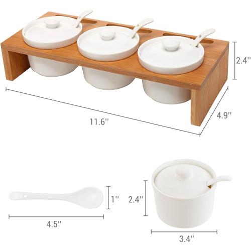 MyGift 10 Pcs Sauce Serving Dish, Hosting Party Essentials Host Gift, 3 Ceramic Ramekin Chip Dip Bowls with Lids & Spoons, Premium Bamboo Server Tray, Condiment Pot Entertaining