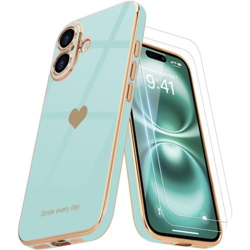 Teageo Compatible with iPhone 16 Case for Girl Women Cute, Pearl Aqua | Love-Heart Luxury Bling Plating Soft Back Cover Raised Camera Protection Bumper Silicone Shockproof Phone Case for iPhone 16