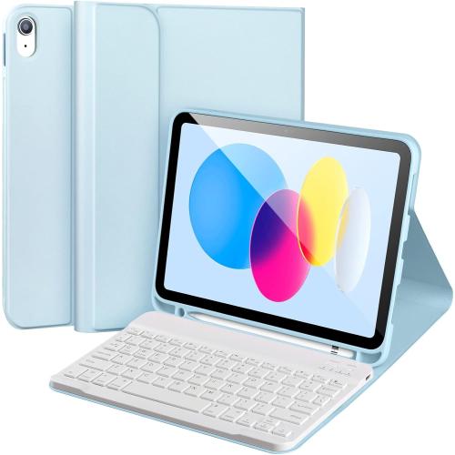 for iPad 11/10th Generation Case with Keyboard,Detachable Bluetooth Keyboard case for iPad A16 2025 11 inch/10th Gen 2022 10.9’’ with Pencil Holder, Square Keycaps,Blue-W