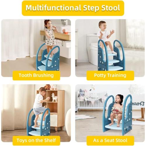 Toddler Step Stool Chair Onasti Kids 3 Step Standing Tower for Toddlers Plastic Learning Helper Stool for Kitchen Counter Bathroom Sink Toilet Potty Training with Handles and Non-Slip Pads-Blue