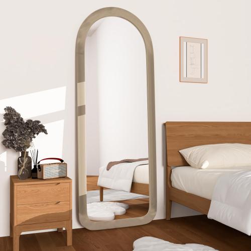 Full Length Mirror 56x20 Arch Floor Mirror with Stand Arched Full Body Mirror Standing Hanging or Leaning Against Wall for Bedroom Flannel Wrapped Wooden Frame Milk Tea