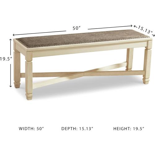 Signature Design by Ashley Bolanburg Casual French Country Upholstered Dining Room Bench with Nailhead Trim, Heavy Woven Fabric, Wood, Antique White & Tan