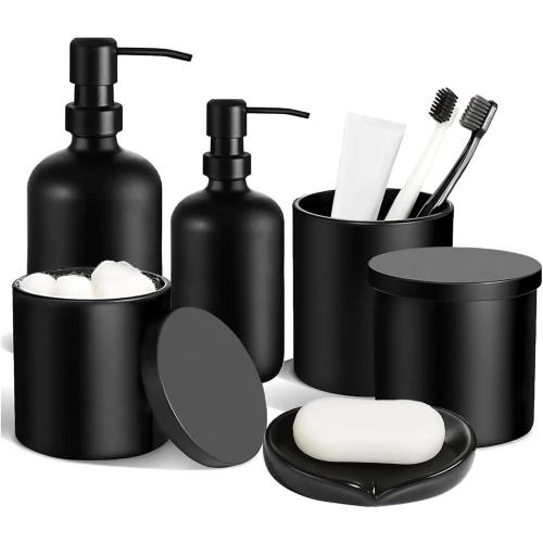 6 Pcs Matte Black Bathroom Accessories Set, Modern Luxury Liquid Soap Dispenser & Toothbrush Holder, Farmhouse Vanity Organizer with Cotton Swab Dispenser, Soap Dish, Tumbler for Bathroom Decor