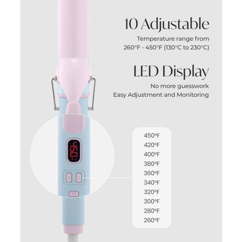 Blue and Pink 1 1/2 inch Extra Curling Iron Long Hair - 10 Temperature Modes Fast and Easy Styling - 7.3 Ceramic Barrel Hair Wand for All Types Blowout, Beach Waves, Bouncy Curls - Cotton Candy