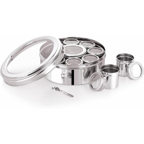 Silver 12 In 1 Stainless Steel Masala Box | Spice Box For Kitchen | Large Masala Dabba with See-Through Lid | Steel Masala Dani 2.5L Spice Organizer with 12 Compartment | 22.5cm