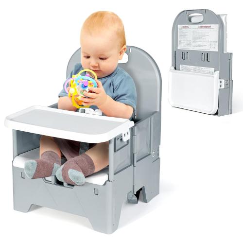 Orzbow Foldable Booster Seat with Tray, Portable High Chair for Travel Toddlers 6-36 Months, Baby Chair for Dining Table, Camping, Beach, Portable Booster Chair, Up to 33 lbs Baby, Grey
