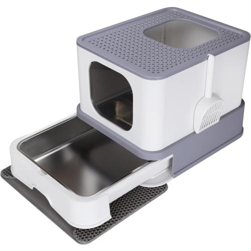 RIZZARI Stainless Steel Cat Box: Enclosed Design with High Walls - Light Gray - Large Litter Pan for Odor Control Indoors