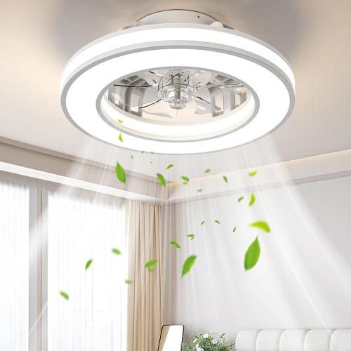 16'' Ceiling Fans with Lights, Modern Low Profile Ceiling Fan Light with Remote, 3000-6500K Dimmable LED Fan Light, 6 Speeds Small Flush Mount Ceiling Fan for Bedroom, Kids Room(White)